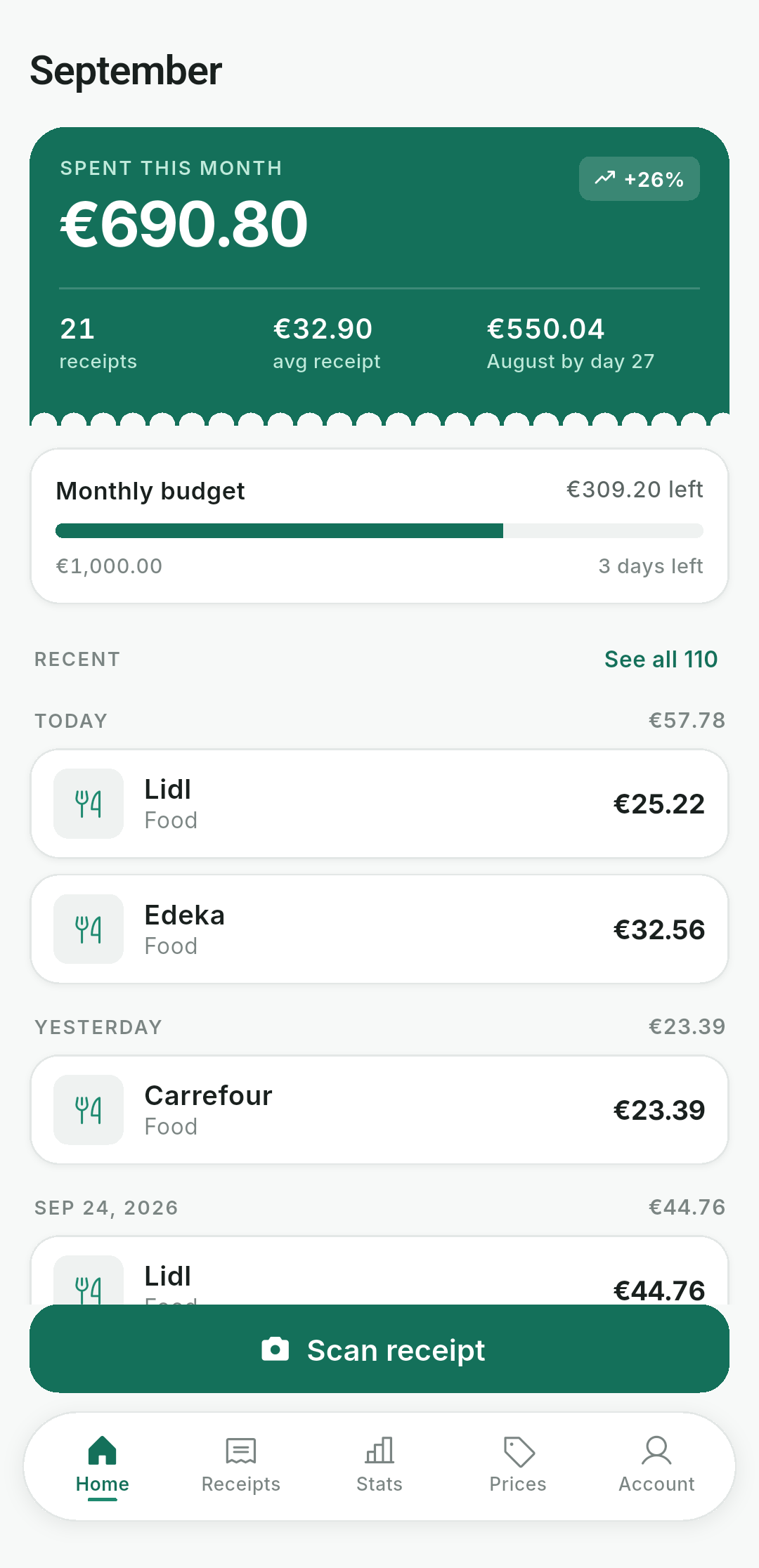 Home screen: September spend, budget remaining, recent receipts